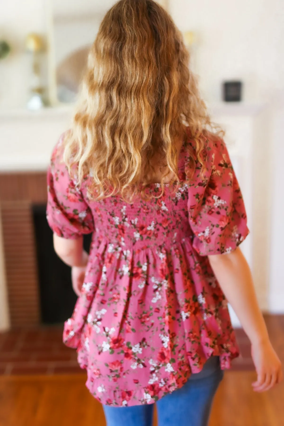 Oddi Just So Sweet Dusty Rose Floral Print Smocked Puff Sleeve Top