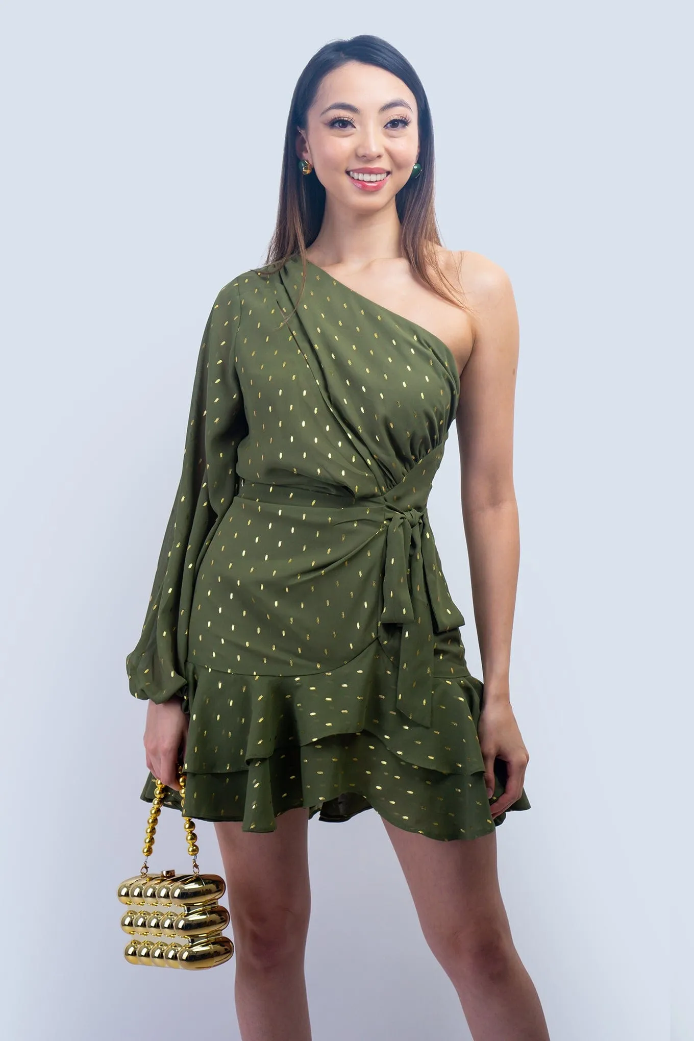 Olive & Gold One Shoulder Mini Dress