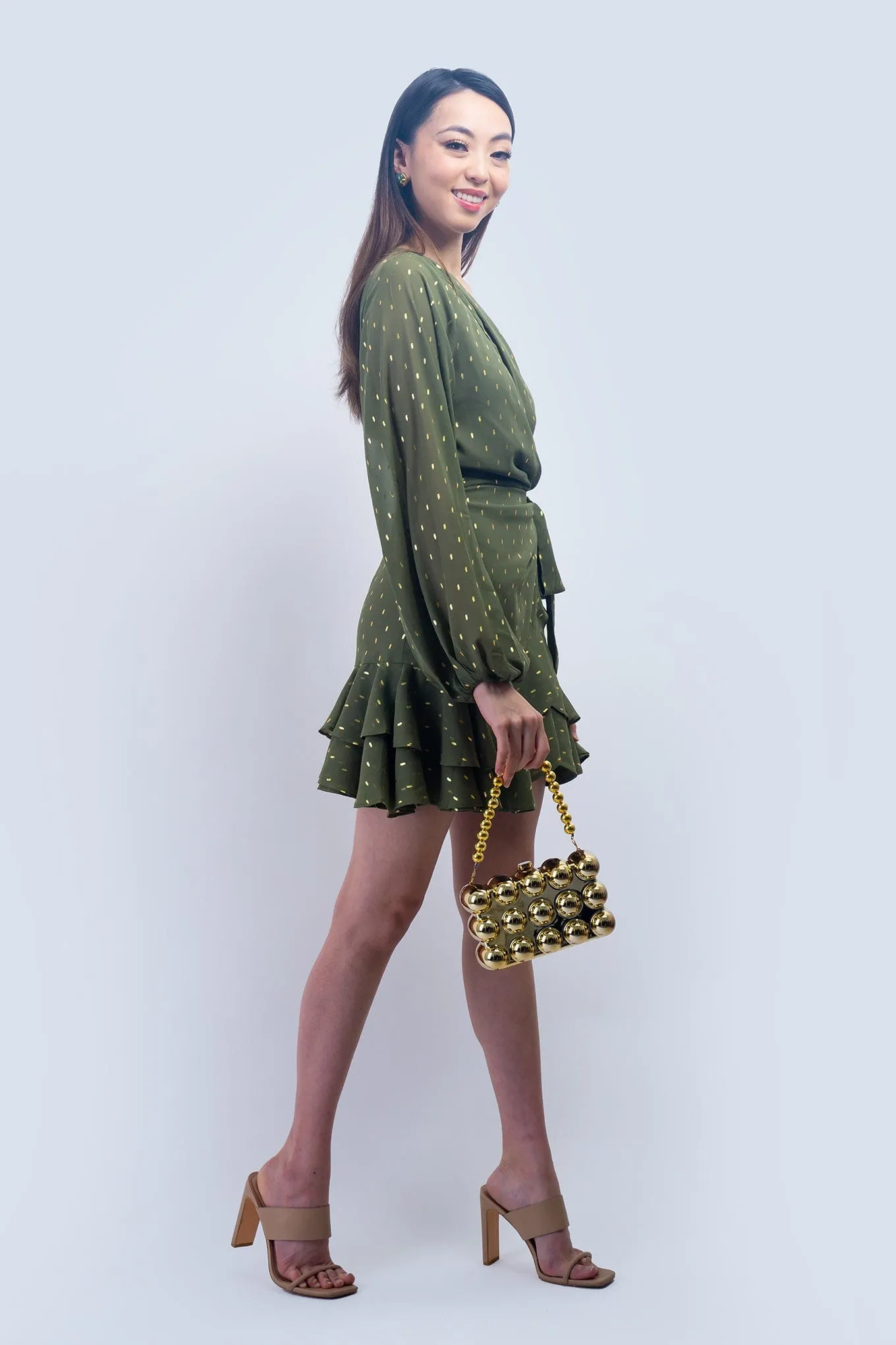 Olive & Gold One Shoulder Mini Dress