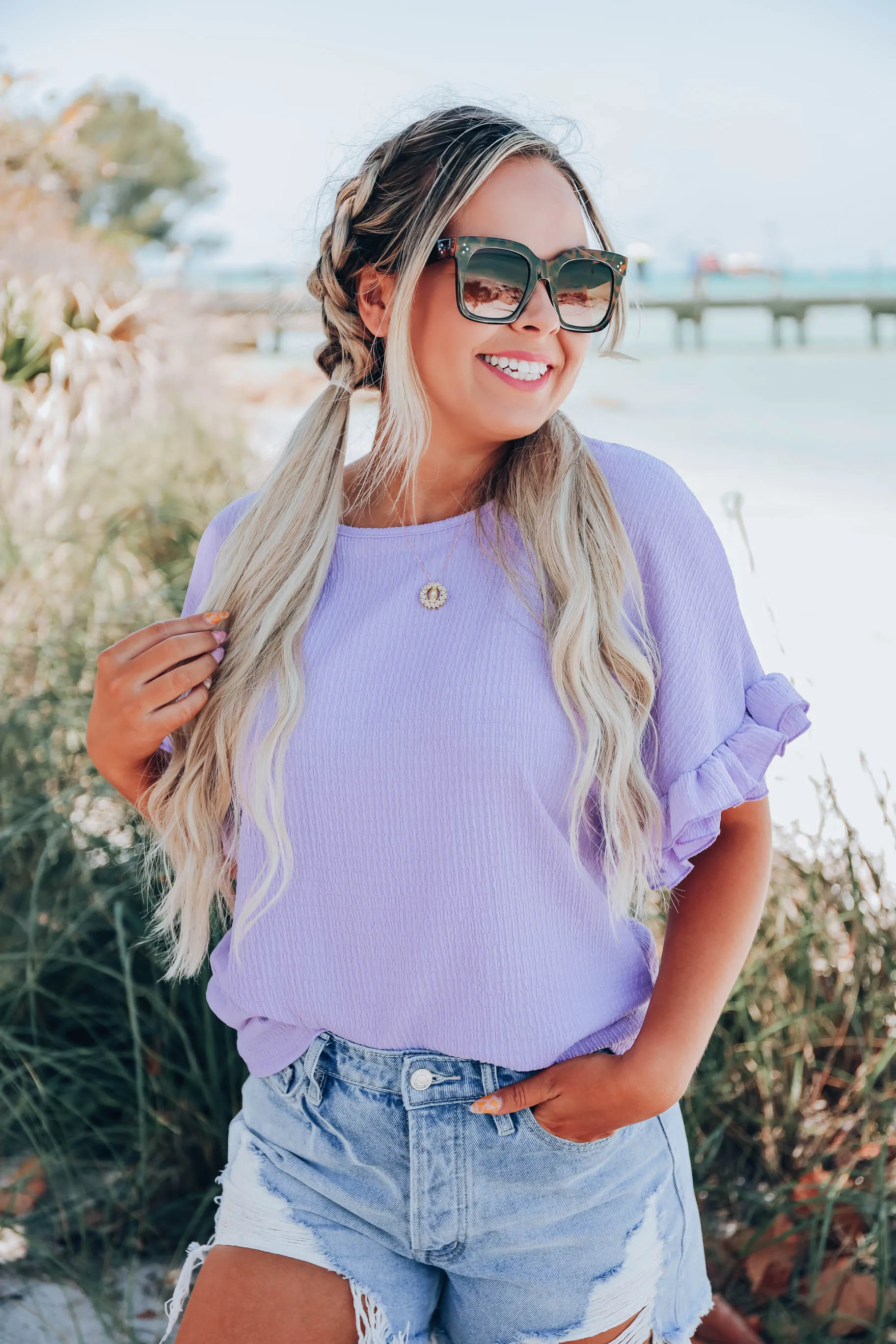 One Of The Girls Ruffle Sleeve Blouse - Lavender