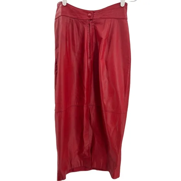 Pelle Cuir 12 80s midi leather skirt vintage 12 crossover waist red retro casual