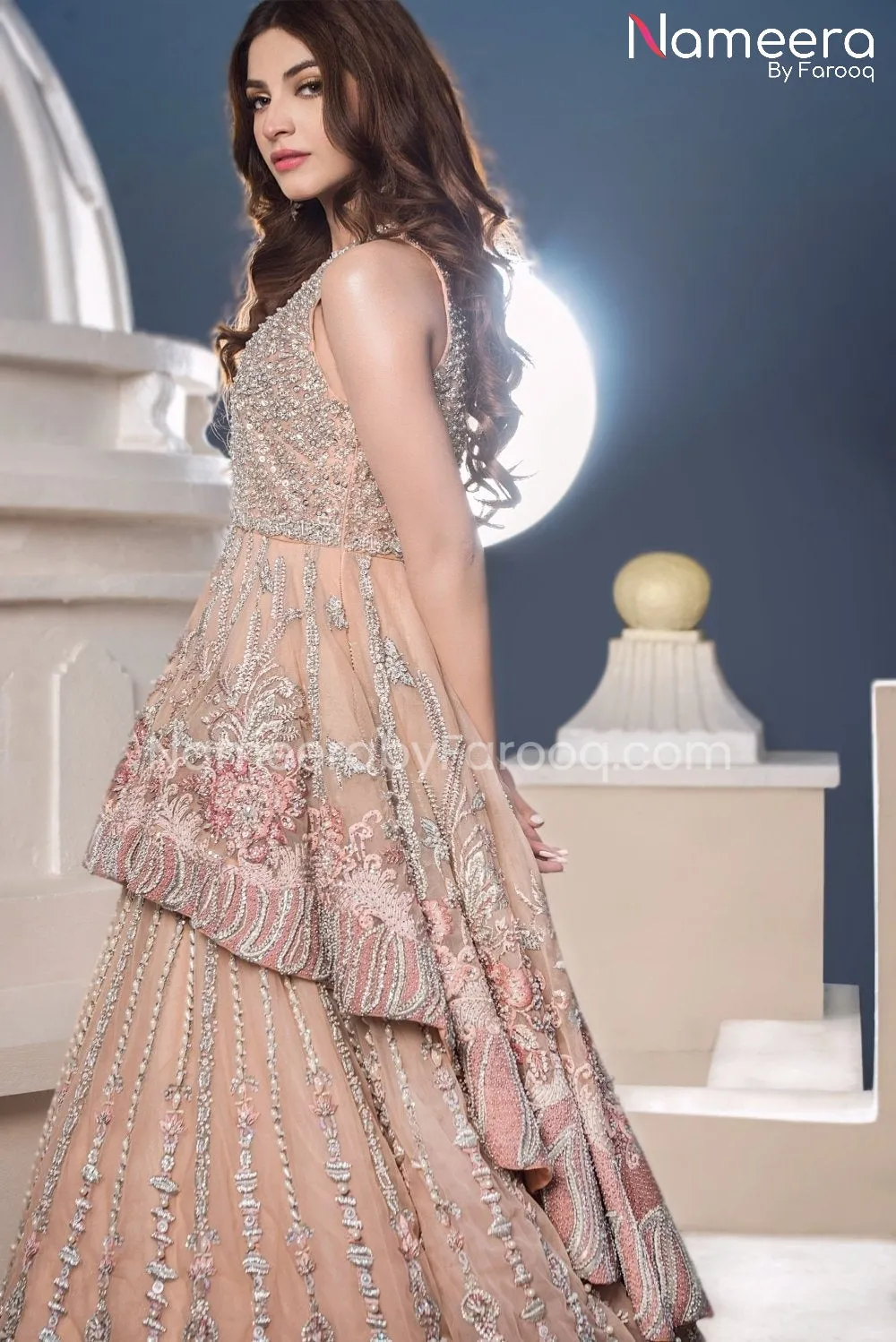 Peplum Lehenga Peach Colour Dress Pakistani #BS217