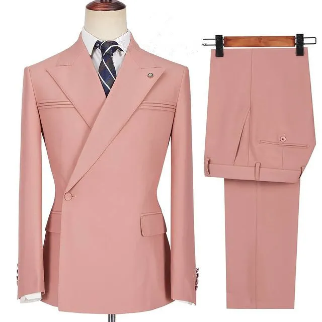 Pink Peaked Lapel Ruffles Designer Slim Fit Men's Prom Suits