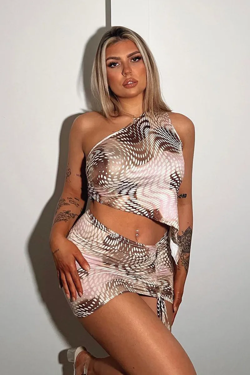 Pink Spot Print Asymmetric Crop Top & Mini Skirt Set - Lacey