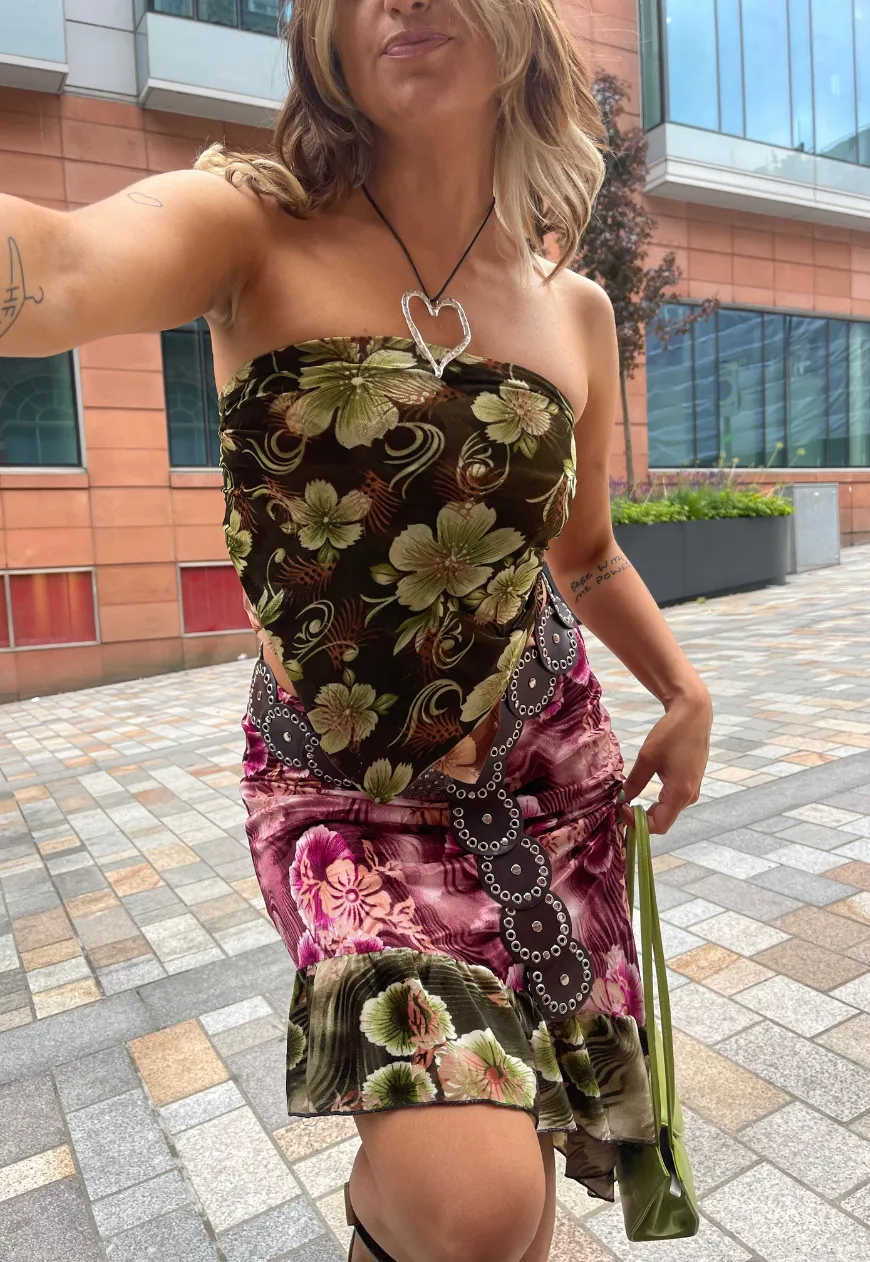 PINK/GREEN VELVET RUFFLE SKIRT