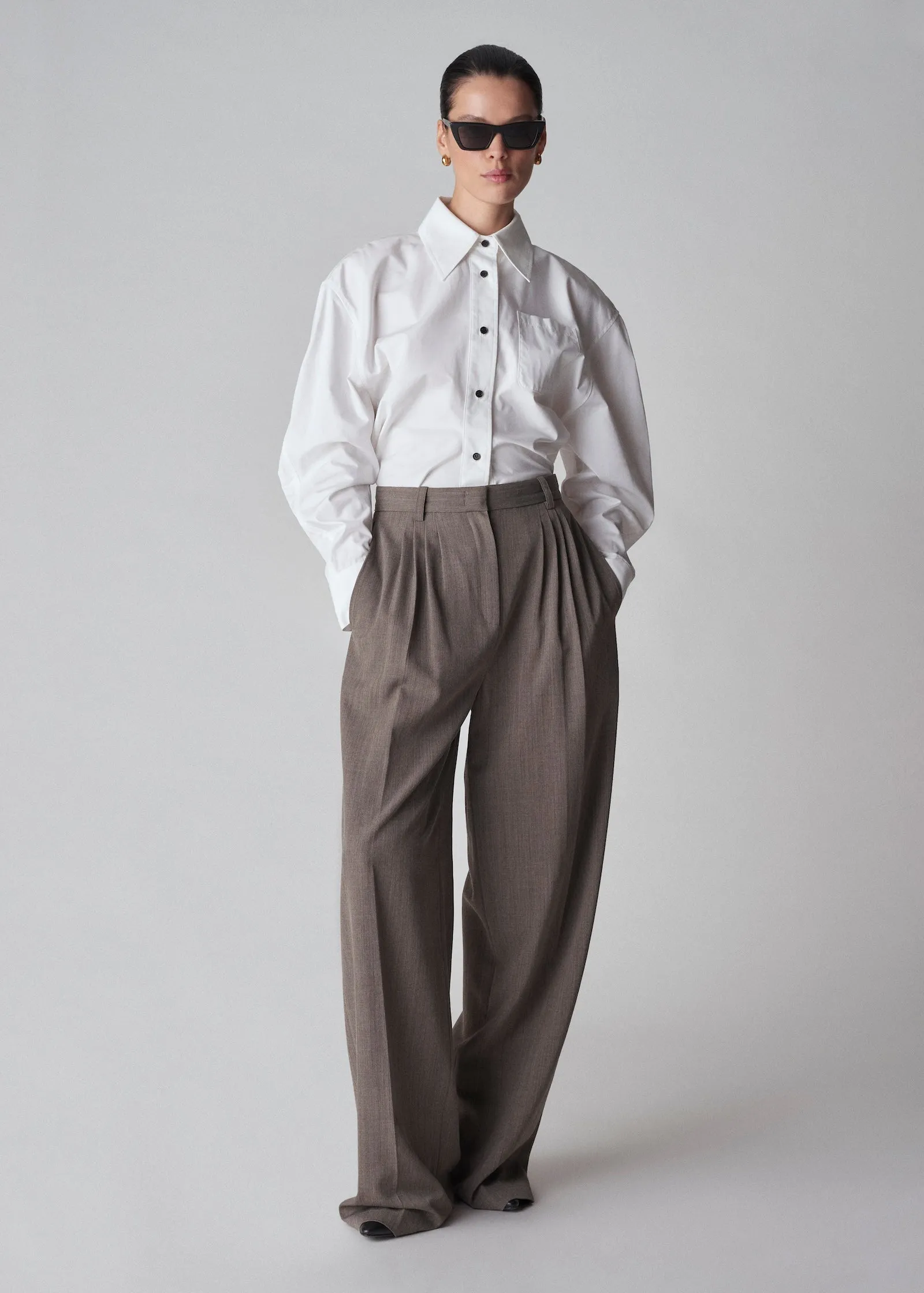 Pleated Barrel Trouser in Melange Suiting - Brown Multi