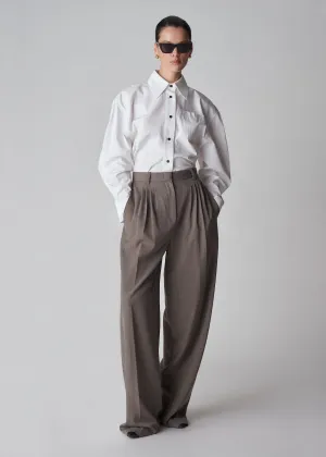 Pleated Barrel Trouser in Melange Suiting - Brown Multi