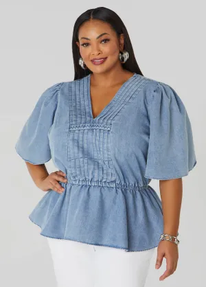 Pleated Peplum Denim Top