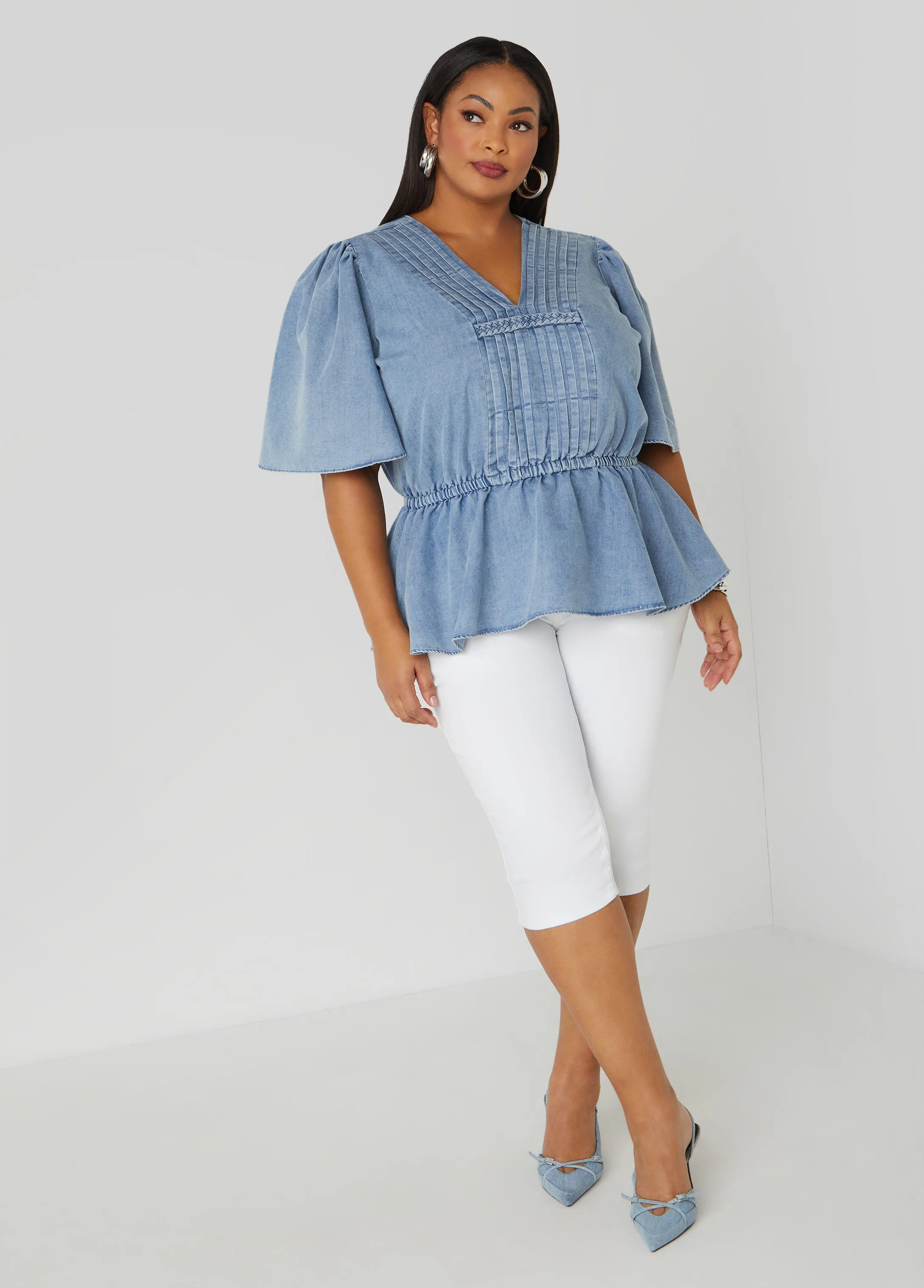 Pleated Peplum Denim Top