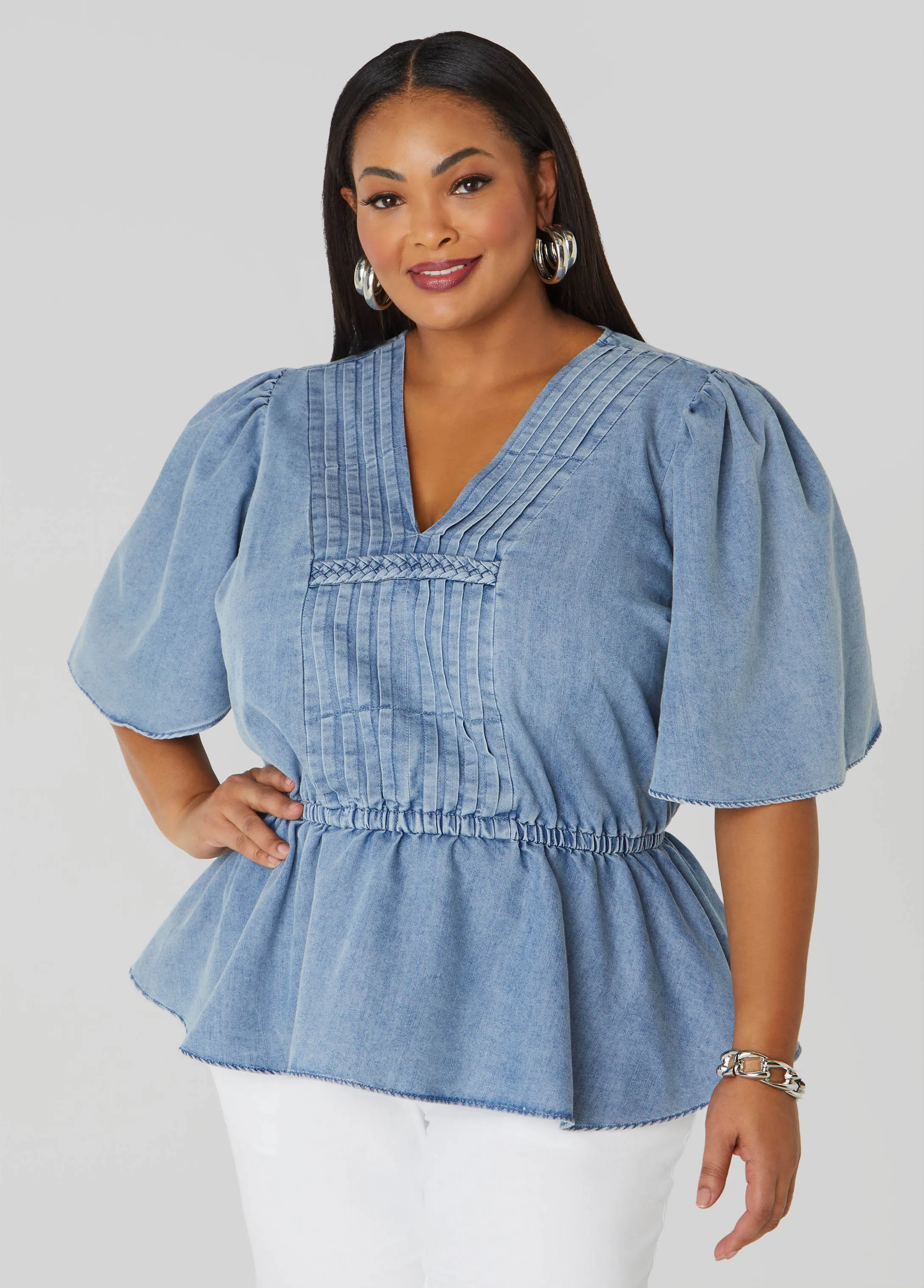 Pleated Peplum Denim Top