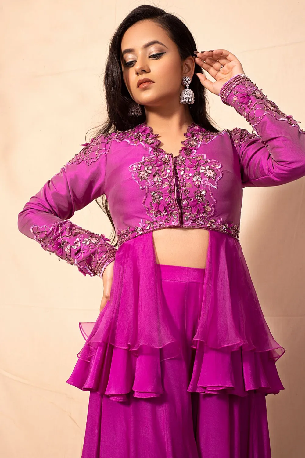 Plum Purple Peplum Style Hand Embroidered Jacket with sharara set
