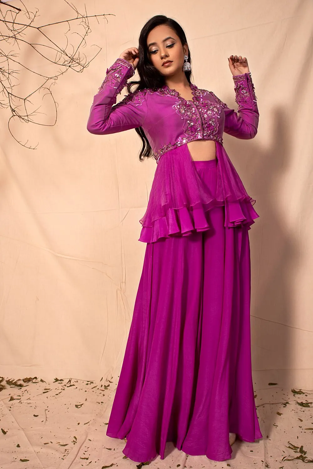 Plum Purple Peplum Style Hand Embroidered Jacket with sharara set