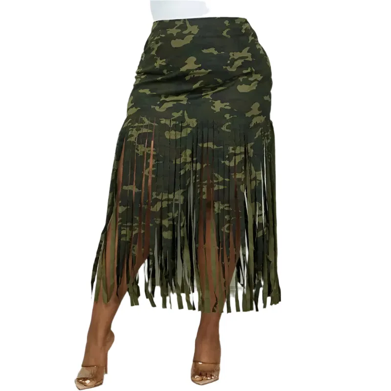 Plus Camo Fringe Hem Midi Skirt