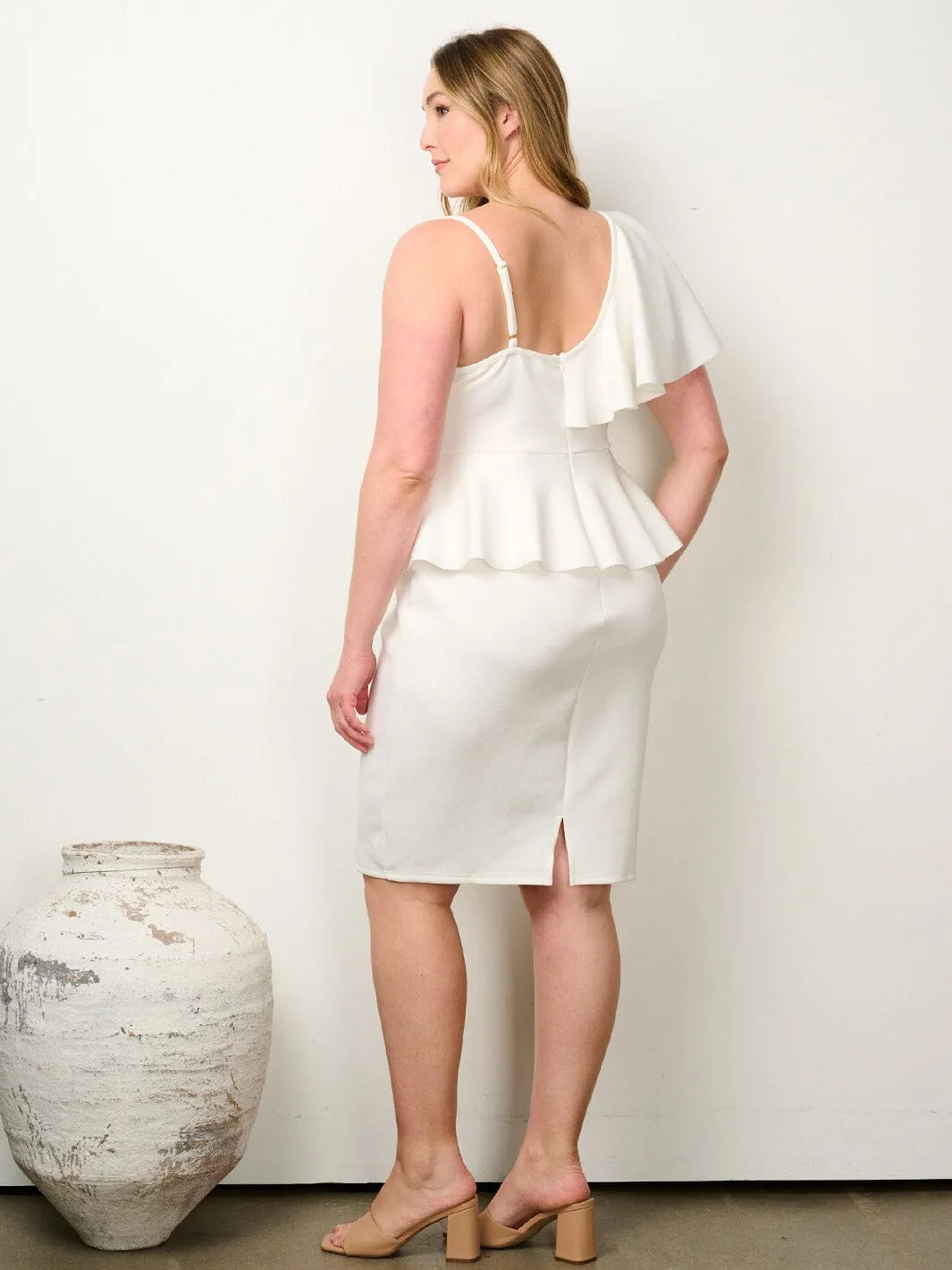 PLUS SIZE SLEEVELESS ONE SHOULDER RUFFLE MINI DRESS