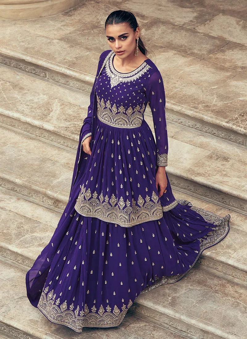Purple Reshamkari Embroidered Wedding Lehenga Kurti And Dupatta