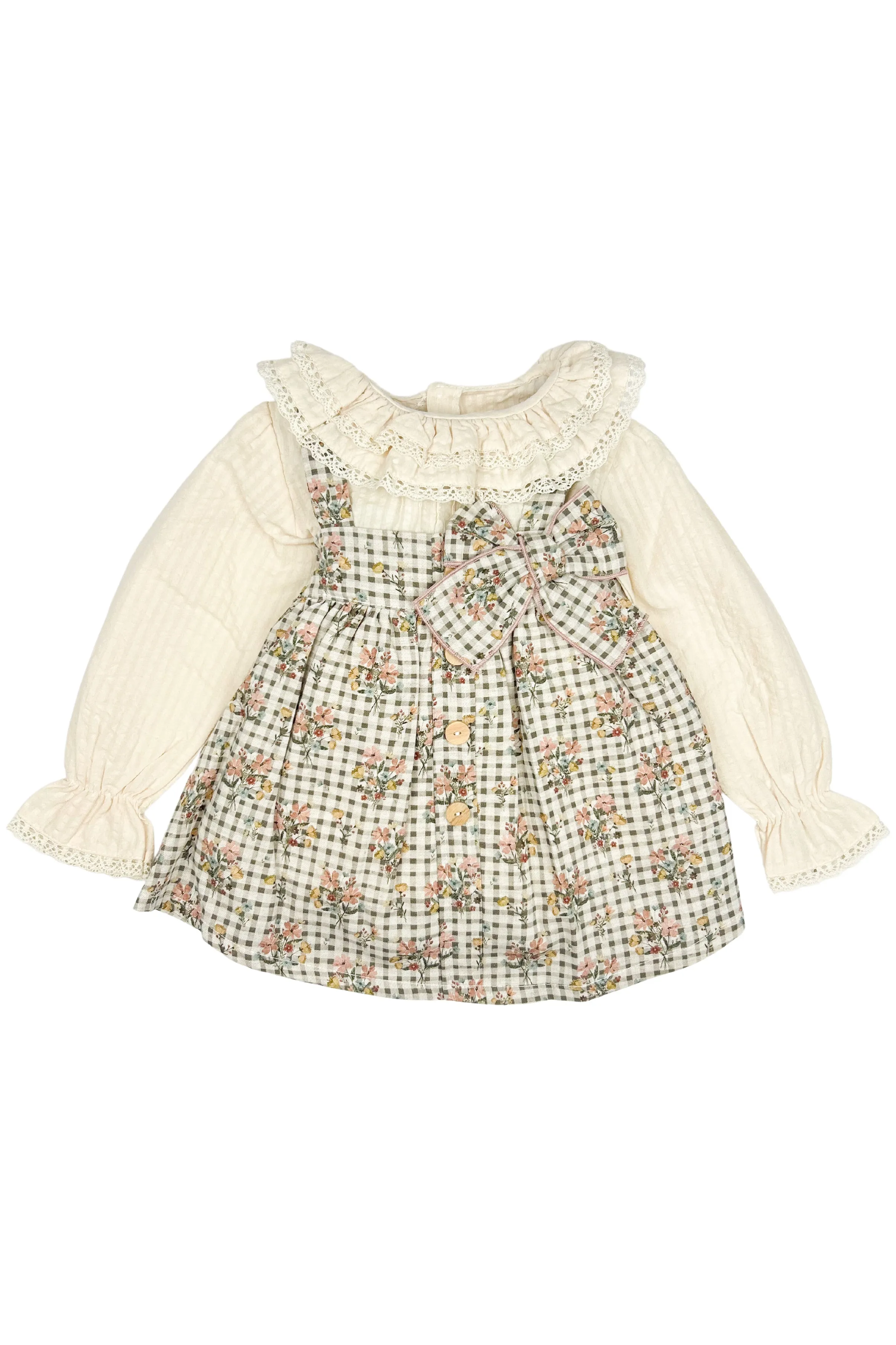"Tessa" Blouse & Brown Gingham Pinafore Dress