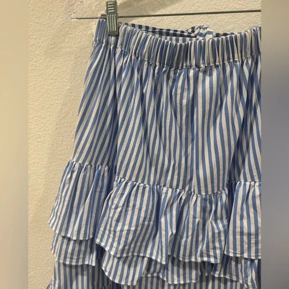 Rachel Parcell Blue White Striped Tiered Ruffle Midi Tie Waist Nautical Skirt S