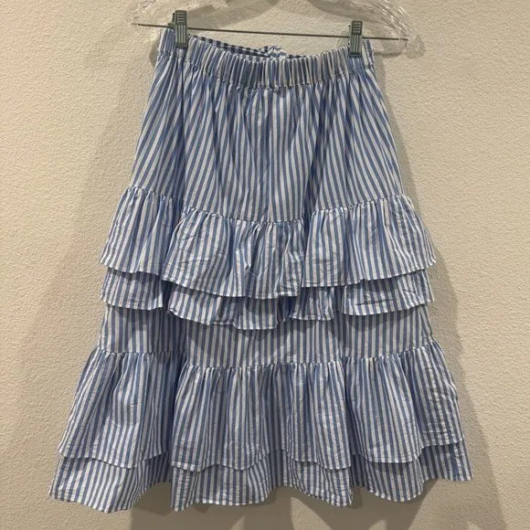 Rachel Parcell Blue White Striped Tiered Ruffle Midi Tie Waist Nautical Skirt S