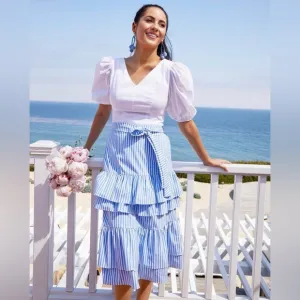 Rachel Parcell Blue White Striped Tiered Ruffle Midi Tie Waist Nautical Skirt S