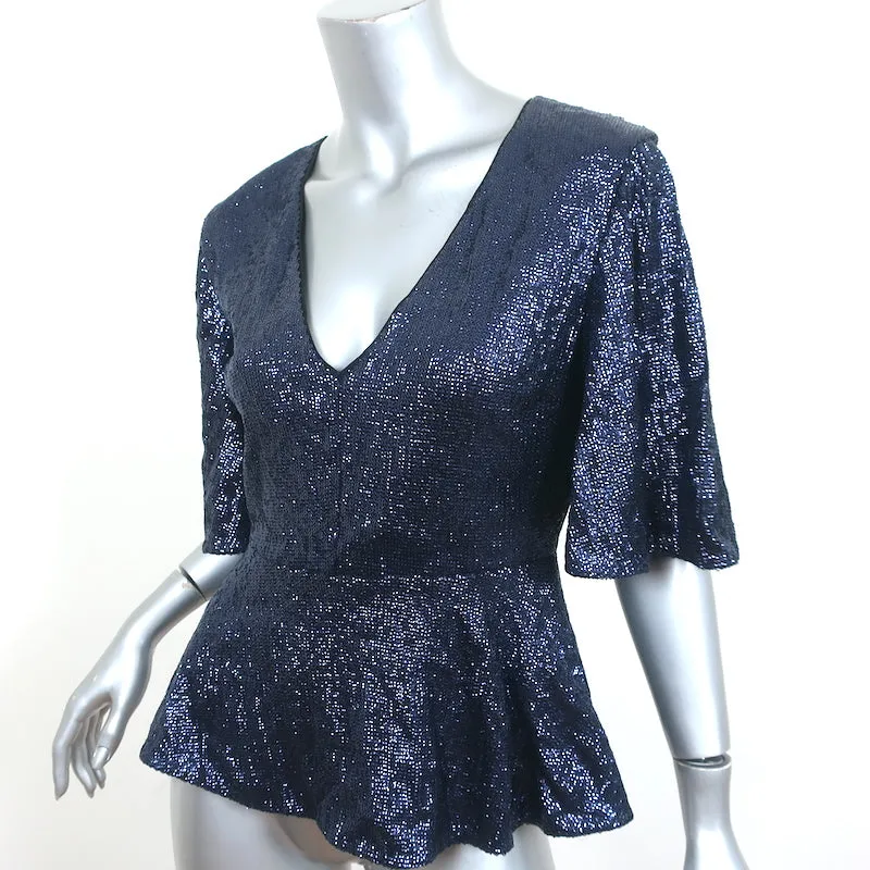 Rachel Zoe Clover Sequin Peplum Top Navy Size 4 Flutter Sleeve Blouse