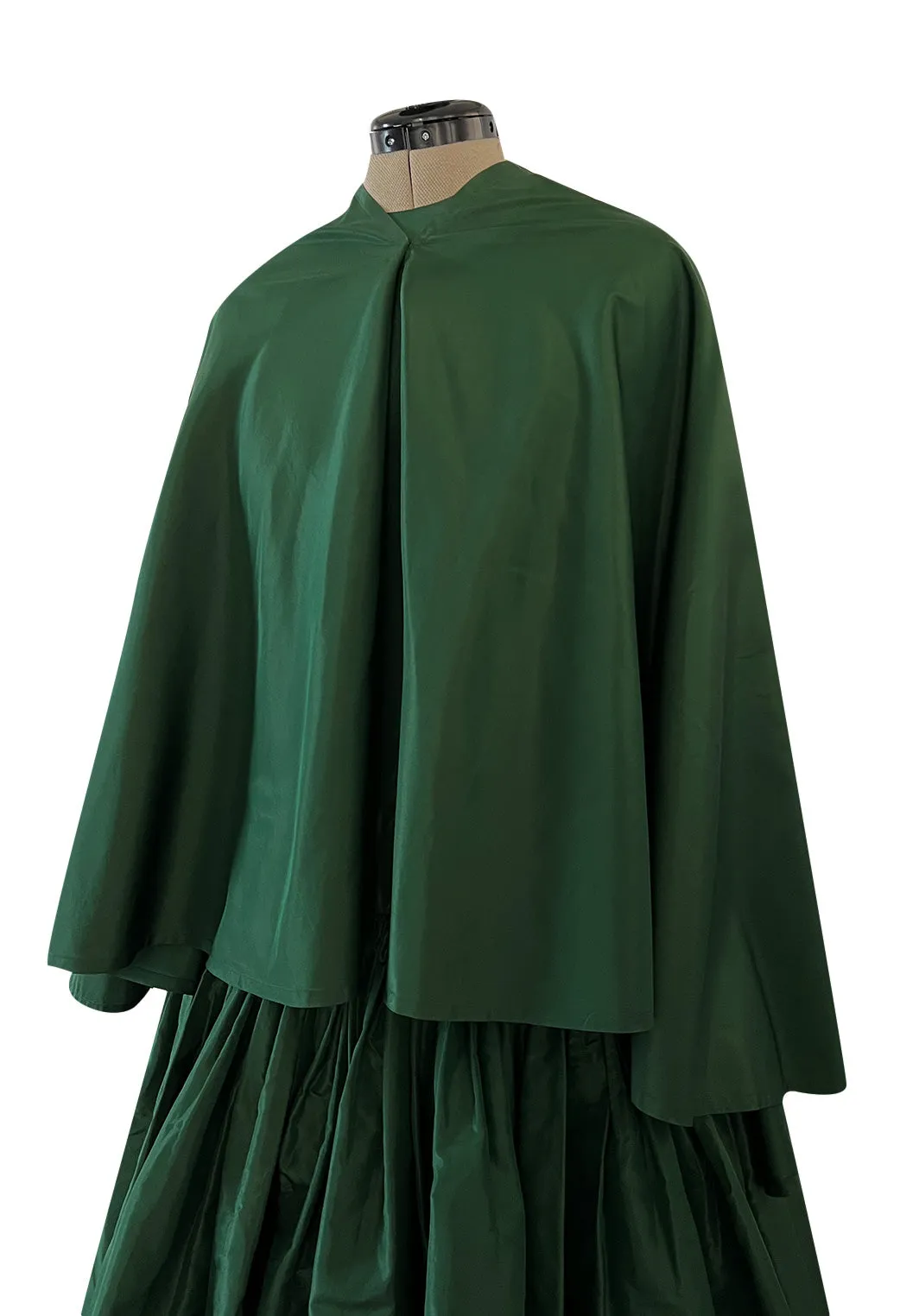 Rare 1977 Madame Gres Haute Couture Dress & Cape in a Deep Green Silk Taffeta