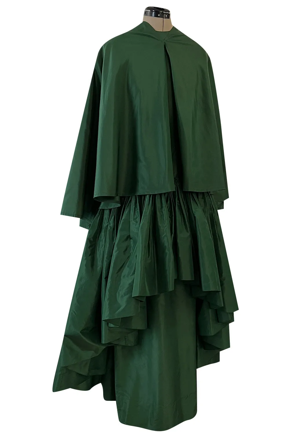 Rare 1977 Madame Gres Haute Couture Dress & Cape in a Deep Green Silk Taffeta