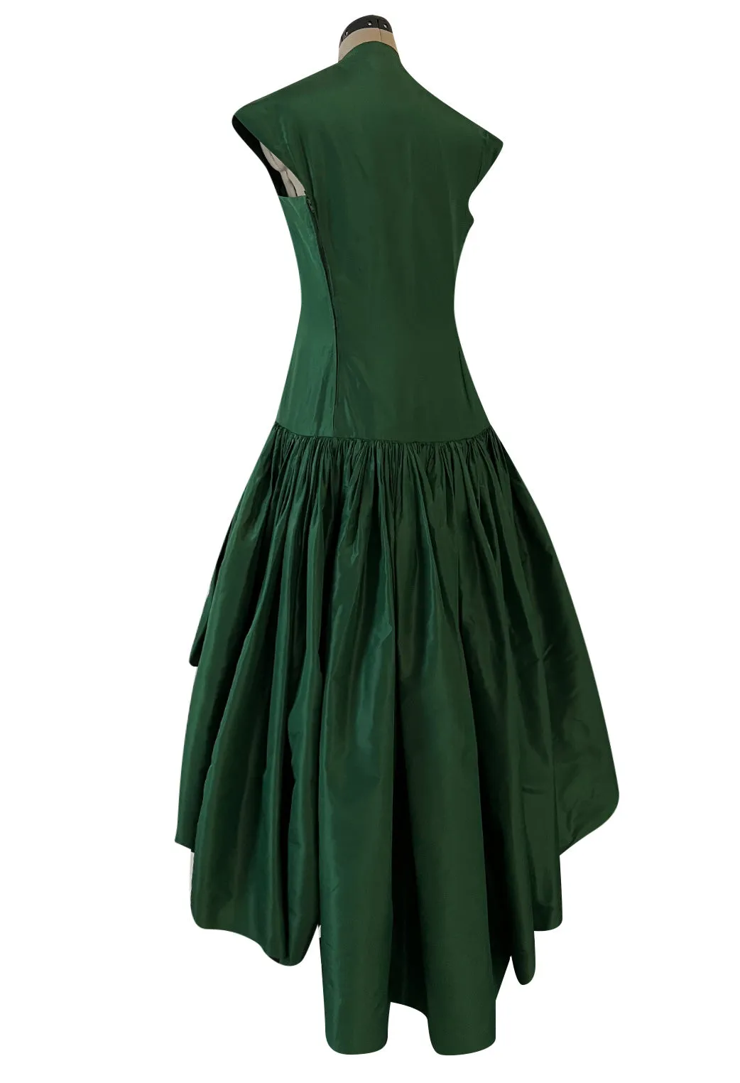 Rare 1977 Madame Gres Haute Couture Dress & Cape in a Deep Green Silk Taffeta