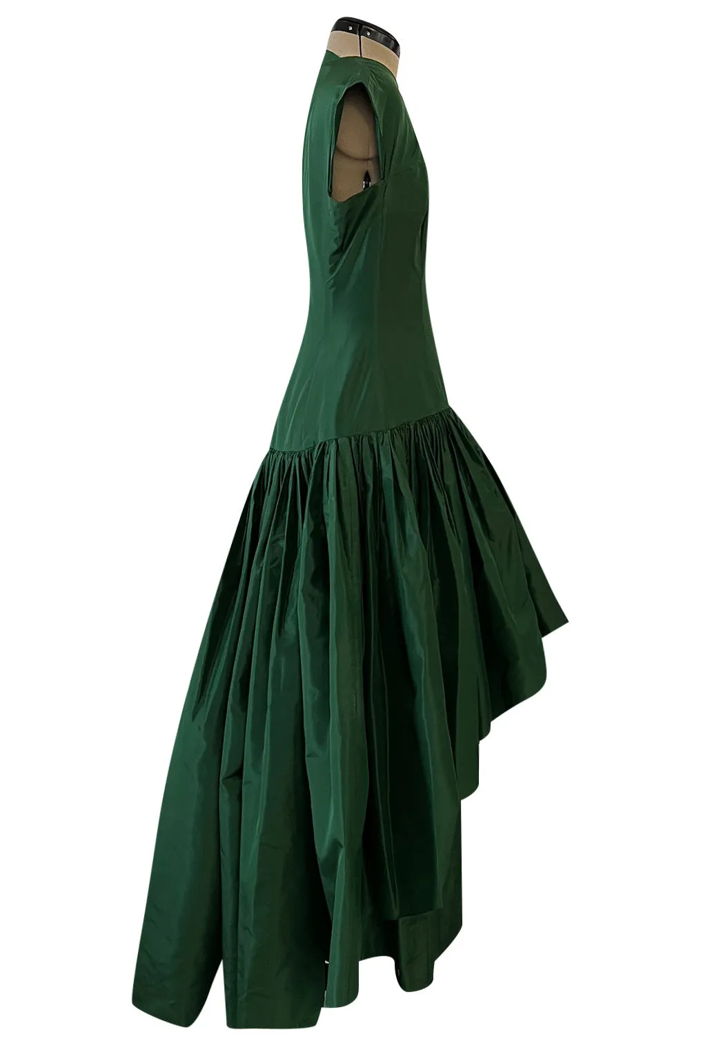 Rare 1977 Madame Gres Haute Couture Dress & Cape in a Deep Green Silk Taffeta