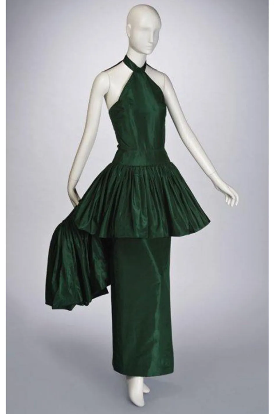 Rare 1977 Madame Gres Haute Couture Dress & Cape in a Deep Green Silk Taffeta