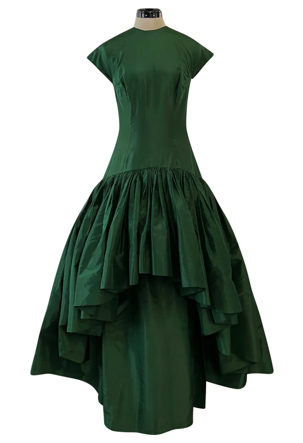 Rare 1977 Madame Gres Haute Couture Dress & Cape in a Deep Green Silk Taffeta