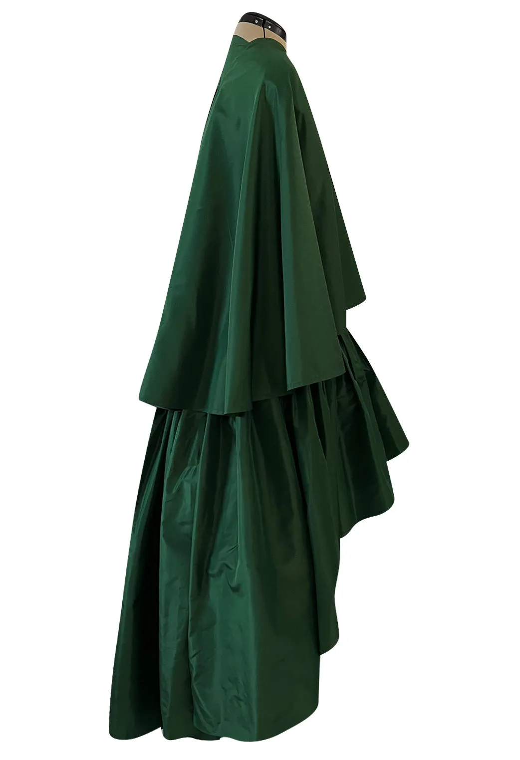 Rare 1977 Madame Gres Haute Couture Dress & Cape in a Deep Green Silk Taffeta