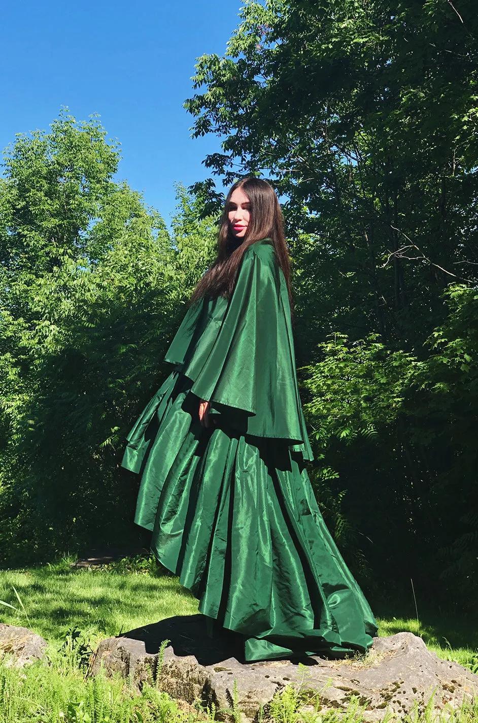 Rare 1977 Madame Gres Haute Couture Dress & Cape in a Deep Green Silk Taffeta