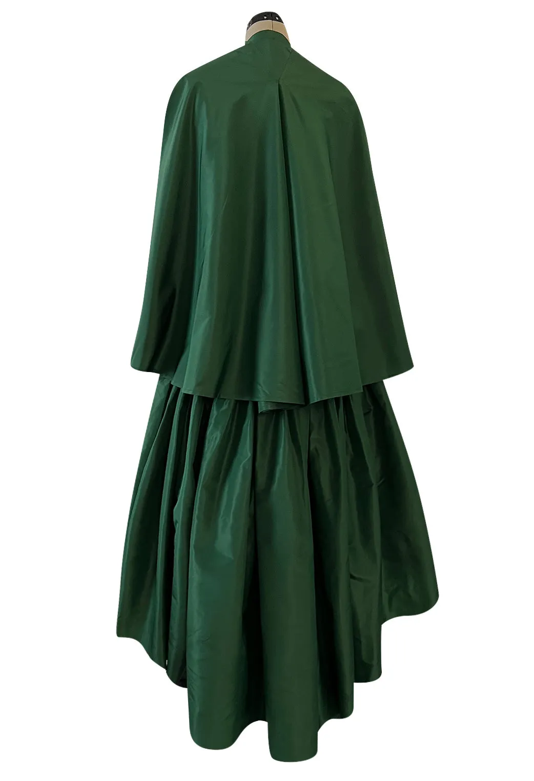 Rare 1977 Madame Gres Haute Couture Dress & Cape in a Deep Green Silk Taffeta
