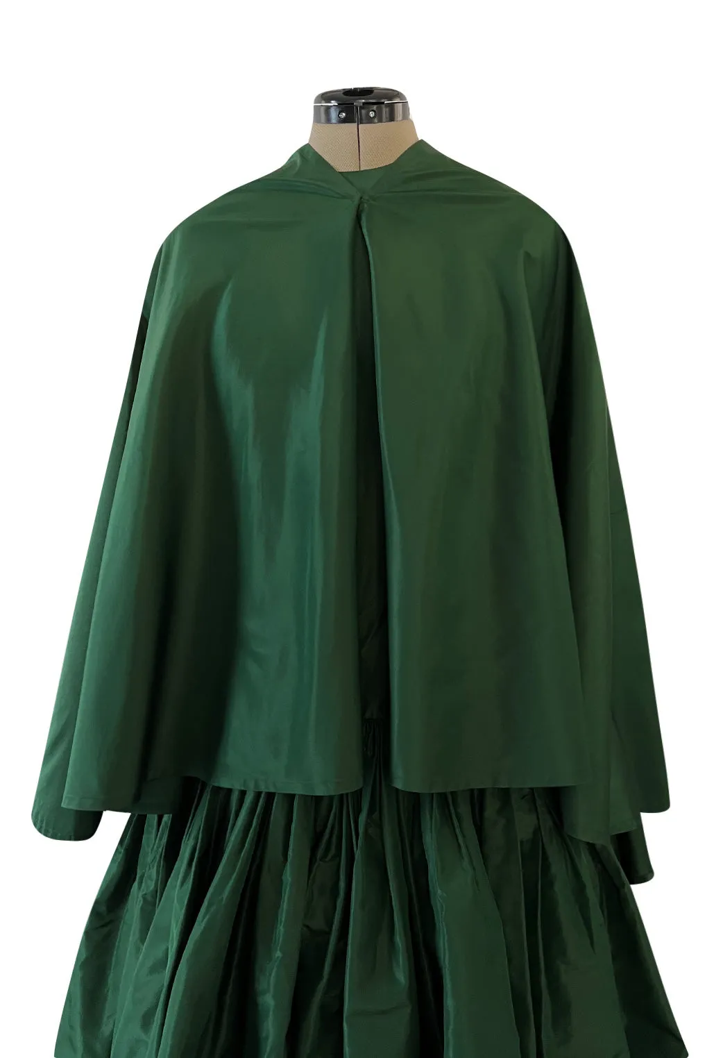 Rare 1977 Madame Gres Haute Couture Dress & Cape in a Deep Green Silk Taffeta