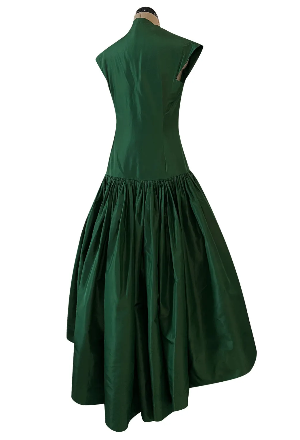 Rare 1977 Madame Gres Haute Couture Dress & Cape in a Deep Green Silk Taffeta