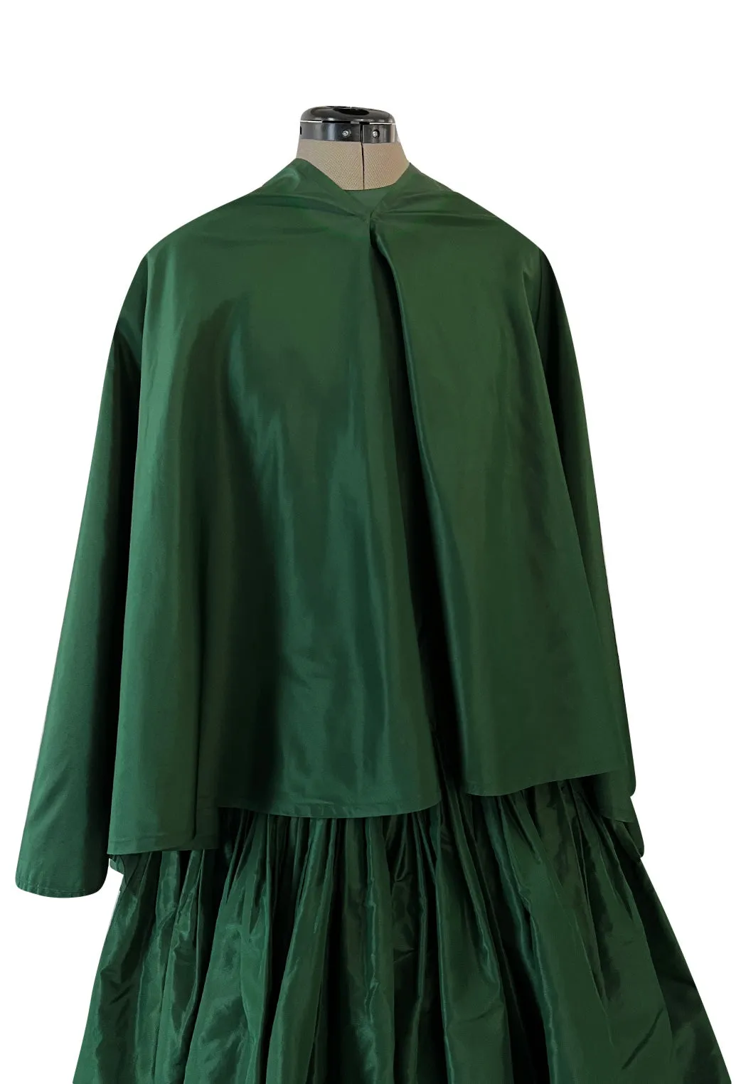 Rare 1977 Madame Gres Haute Couture Dress & Cape in a Deep Green Silk Taffeta