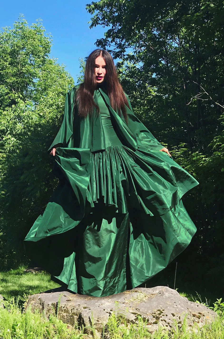 Rare 1977 Madame Gres Haute Couture Dress & Cape in a Deep Green Silk Taffeta