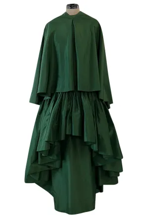 Rare 1977 Madame Gres Haute Couture Dress & Cape in a Deep Green Silk Taffeta