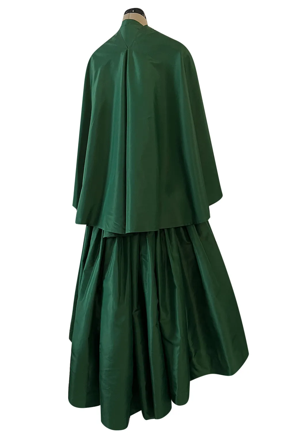 Rare 1977 Madame Gres Haute Couture Dress & Cape in a Deep Green Silk Taffeta