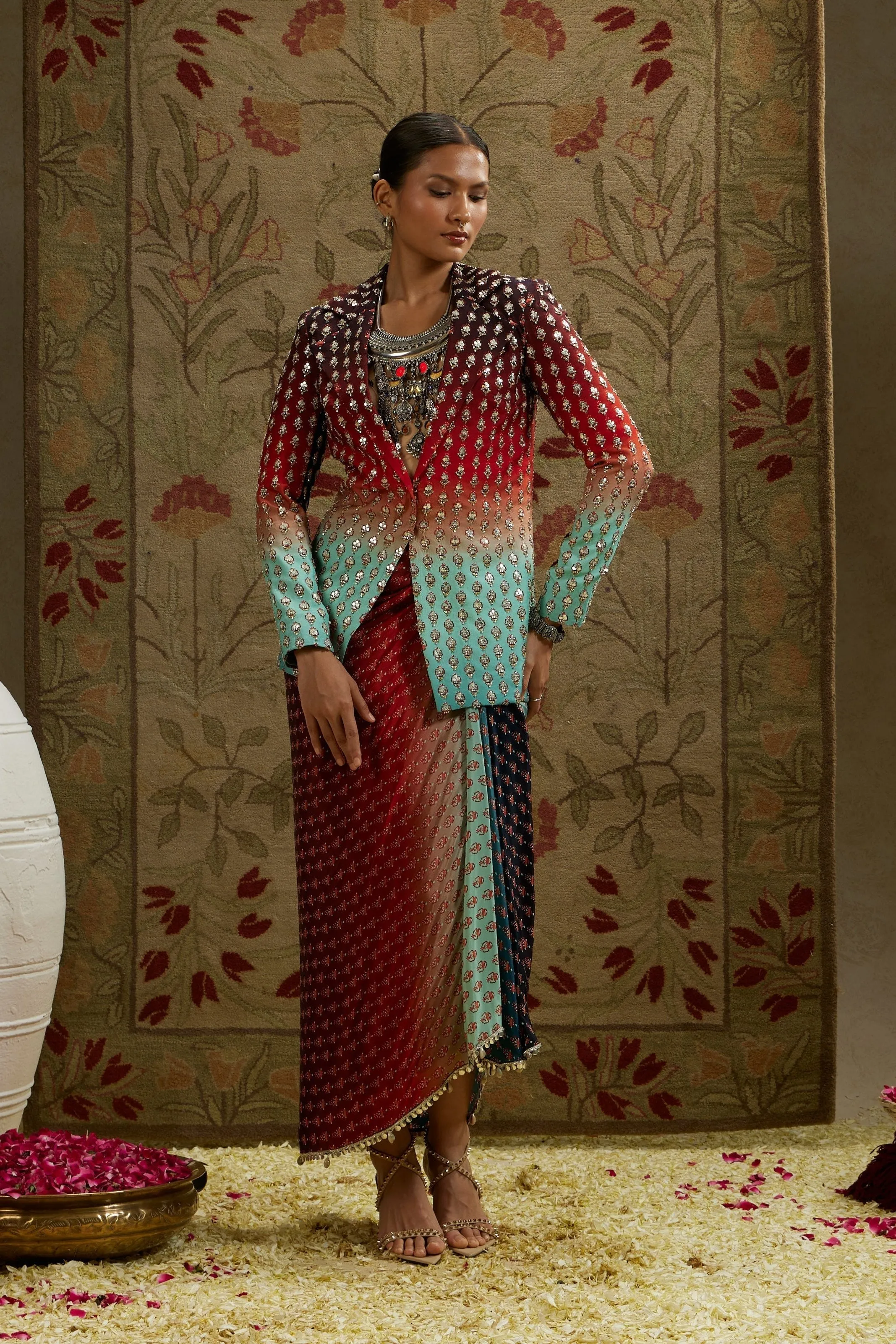 RED BLUE OMBRE PRINT EMBELLISHED BLAZER PAIRED WITH DRAPE SKIRT