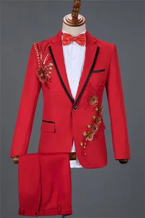 Red Sequin Embroidery Lace Floral Men Tuxedo Designer One Button Men's Prom Suits Online
