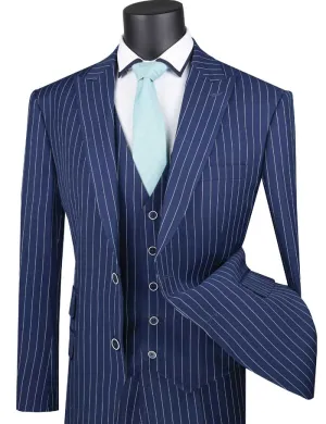 Regular Fit 3 Piece Suit 2 Button Gangster Stripe (Blue) V2RS-9