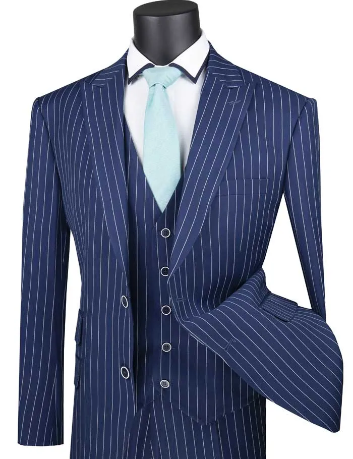Regular Fit 3 Piece Suit 2 Button Gangster Stripe (Blue) V2RS-9