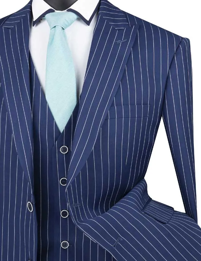Regular Fit 3 Piece Suit 2 Button Gangster Stripe (Blue) V2RS-9