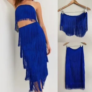 Royal Blue Fringe Strapless Two-Piece Midi Dress