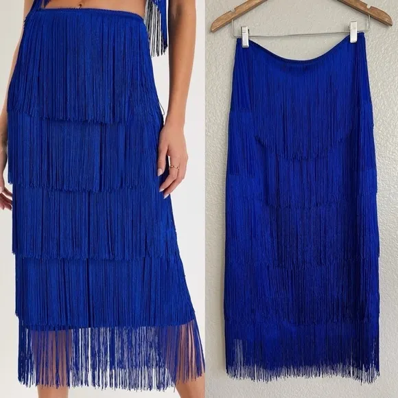 Royal Blue Fringe Strapless Two-Piece Midi Dress
