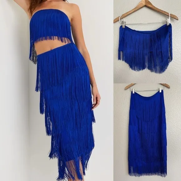 Royal Blue Fringe Strapless Two-Piece Midi Dress
