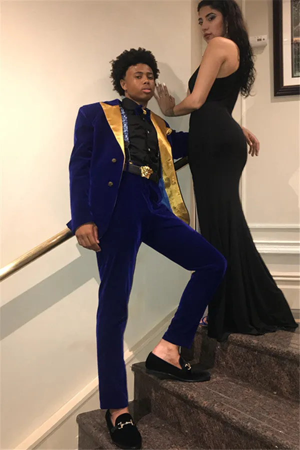 Royal Blue Slim Fit Velvet Men Suits 2 Pieces Prom Party Outfits