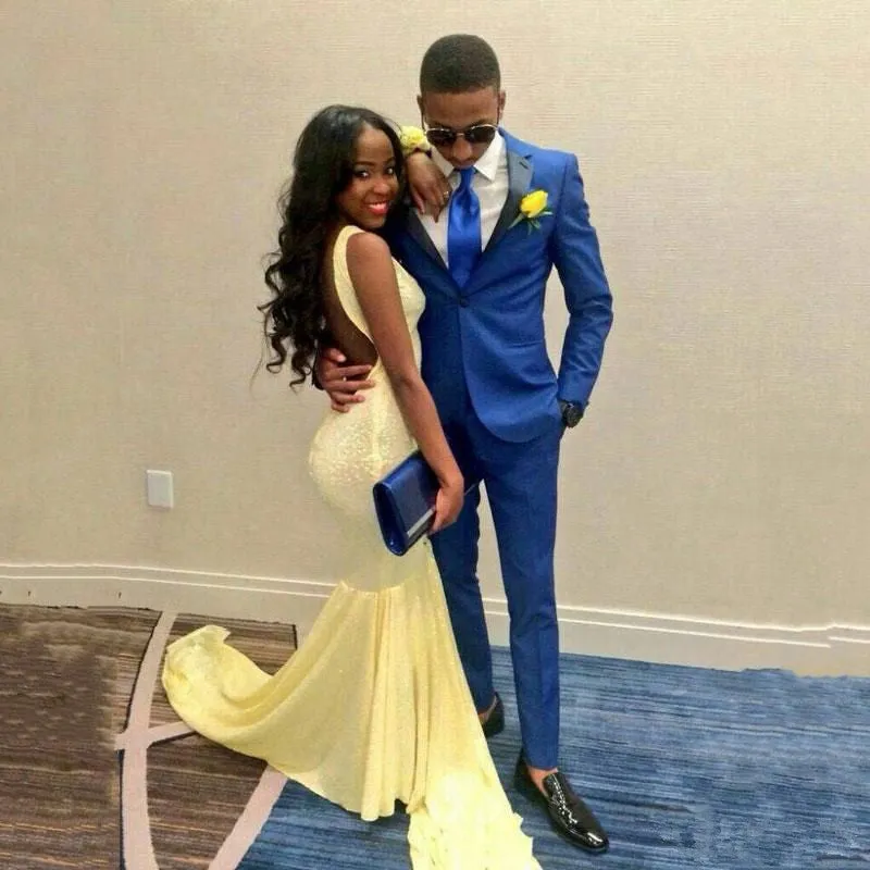 Royal Bule One Button Prom Outfits Two Pieces Men Suit with Black Lapel