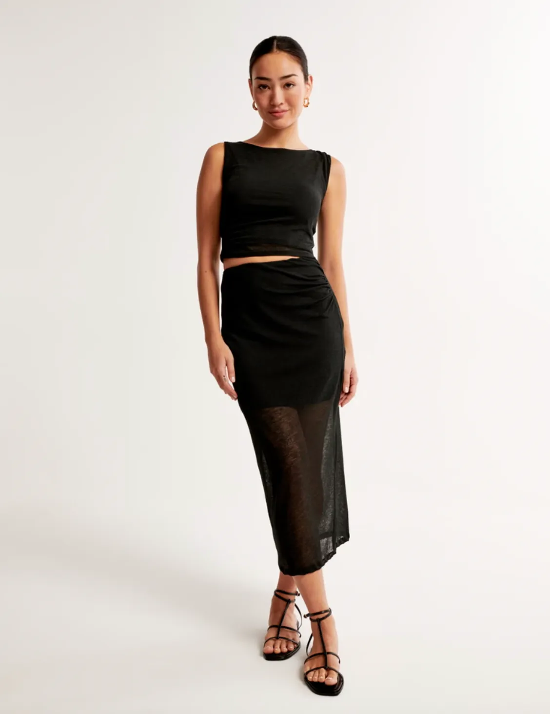 Ruched Mesh Midi Skirt